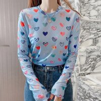 Áo Thun Tay Dài Bằng Lụa Lạnh Mỏng Chống Nắng Mùa Hè In Họa Tiết Trái Tim Phong Cách Mới Dành Cho Nữ