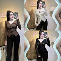 Áo thun tay dài chạy bèo rút dây phía trước fom dáng lửng