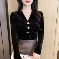 Áo Thun Tay Dài Cổ Chữ v Xếp Ly Ôm Dáng Phong Cách Mới Mùa Thu Dễ Phối Đồ Cho Phụ Nữ Trung Niên