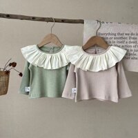 Áo Thun Tay Dài Cổ Lá Sen Màu Trơn Thời Trang Mùa Thu Xinh Xắn Cho Bé Gái 0-24 Tháng Tuổi