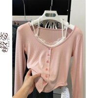 Áo Thun Tay Dài Cổ Phối Ren Form Ôm Thời Trang Mùa Hè