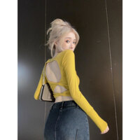 Áo Thun Tay Dài Cổ Tròn Hở Lưng Màu Sắc Đơn Giản Dành Cho Nữ