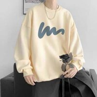 Áo thun tay dài cổ tròn unisex nam nữ,Áo sweater nỉ form rộng thích hợp mặc cặp thời trang thu đông phong cách Hàn - Kem - L duoi 65kg