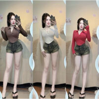 ÁO THUN TAY DÀI CỔ TRỤ VẠT BẦU FOM CROPTOP NGẮN TRÊN RÚN