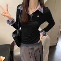 Áo Thun Tay Dài Cổ V Cực Xinh Phong Cách Hàn Quốc sọc kẻ sọc gấp đường viền cổ áo màu đen