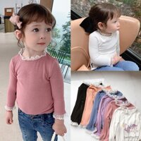 Áo thun tay dài cổ viền bèo phối ren xinh xắn phong cách Hàn Quốc cho bé gái