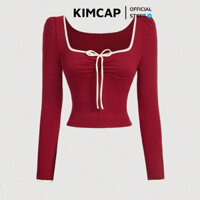 Áo thun tay dài đỏ cổ vuông viền trắng đính nơ trắng ( Hàng Auth)-1 màu