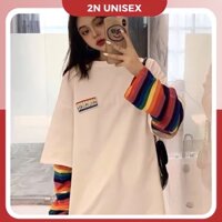 Áo thun tay dài form rộng unisex - Sweater cầu vòng - trắng