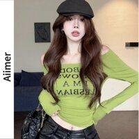 Áo Thun Tay Dài Hở Vai Dáng Ôm In Chữ Thời Trang Mùa Xuân Quyến Rũ Cho Nữ
