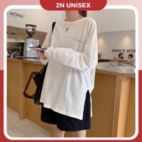 Áo thun tay dài nam nữ form rộng 2N Unisex phông cotton thêu chữ xẻ tà màu trắng/đen