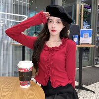 Áo Thun Tay Dài Nhún Bèo Màu Trơn Cỡ Lớn Thời Trang Xuân Thu Cho Nữ