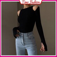 Áo thun tay dài nữ, áo thun nữ croptop khoét hở vai ống tay xẻ loe, form ôm body phong cách Hàn Quốc sexy quyến rũ