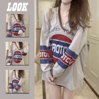 Áo thun tay dài nữ form rộng biếng thư có mũ trùm đầu kem chống nắng top