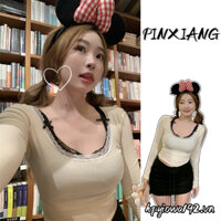 Áo Thun Tay Dài Phối Ren Thời Trang Cho Nữ