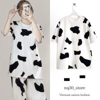 Áo Thun Tay Lỡ  In Hoạ Tiết Bò Sữa Chất Nỉ Da Cá Nam Nữ Unisex - Trắng - M