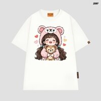 Áo thun tay lỡ unisex in hình cô gái đội nón gấu hồng ôm gấu bông họa tiết trái tim vui nhộn cute teddy bear shirt
