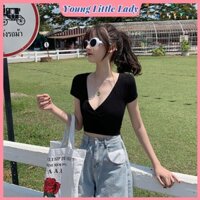 Áo Thun Tay Ngắn Cổ Chữ V Khoét Sâu Phong Cách Hàn Quốc Cho Nữ