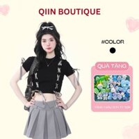 Áo thun tay ngắn cổ tròn nữ QIIN Boutique kiểu dáng bassic thiết kế cột dây lạ mắt A75