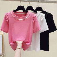 Áo Thun Tay Ngắn Cổ Tròn Viền Bèo Đính Hạt Thời Trang Mùa Hè Kiểu Mới Cho Bạn Gái