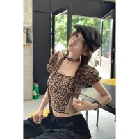 Áo thun tay ngắn họa tiết da báo cổ vuông HOT GIRL CỔ Điển áo hở rốn mẫu ngắn ôm dáng thiết kế mùa hè