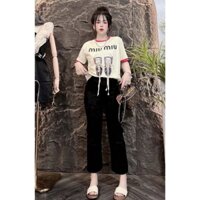 Áo thun tay ngắn họa tiết in chữ miumiu hình đôi giày thắt dây nơ cổ tròn TOMBI SHOP