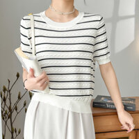 Áo thun tay ngắn lụa băng sọc tương phản cổ tròn áo trẻ trung phong cách Tây mẫu mới mùa hè cho nữ áo giáp kim bên ngoài phong cách tôi 09WT KFVM