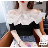 Áo thun tay ngắn nhún bèo lưới lệch vai phong cách retro Chic Pure Desire Velvet Joy GX4Z
