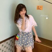 Áo Thun Tay Ngắn Phối Lưới Hoạ Tiết Hoa Cúc Thiết Kế Dáng Rộng Thoải Mái T7B98QANU08