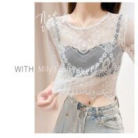 Áo Thun Tay Ngắn Phối Ren Màu Đen Thời Trang Mùa Hè Cho Nữ