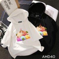 Áo thun teen nam nữ HOODIE TAY LỠ CÓ NÓN hình tiểu quái cà rem