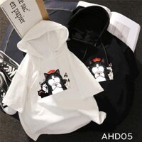 Áo thun teen nam nữ HOODIE TAY LỠ CÓ NÓN hình chó và mèo