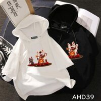 Áo thun teen nam nữ HOODIE TAY LỠ CÓ NÓN hình mèo bắt cá