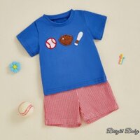Áo thun thêu bóng chày cho bé trai mới biết đi Áo thun kẻ sọc co giãn Quần short 2 món Trang phục