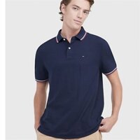 Áo Thun Tommy Cổ Polo Sọc, Regular Fit, Xanh Trơn, Logo Nhỏ Ngay Ngực