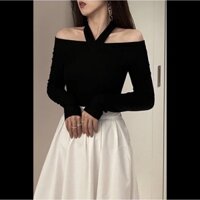 Áo thun trễ vai cổ chéo trước