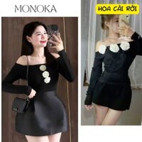Áo thun trễ vai dài tay đen ôm body cúc hoa nữ tính bánh bèo Áo kiểu nữ điệu đà dáng ngắn trẻ trung ulzzang T696G MONOKA