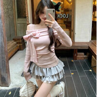 Áo thun trễ vai phối ren và nơ lệch xinh ôm body chiết eo vạt chéo xinh ulzzang nữ sinh ngọt ngào JK
