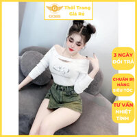 Áo Thun Trễ Vai Tay Dài Khoét Ngực Đính Logo Đuôi Tôm GOSS GA1159 Áo Ngang Vai Dáng Croptop Mặc Đi Chơi Hot Girl