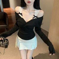 Áo Thun Trễ Vai Tay Dài Nữ Ôm Body Nơ + Ren Siêu Quyến Rũ Vả