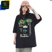 Áo thun unisex áo couple hình thỏ Rabbit mặc áo khoác trên nền chữ vui nhộn