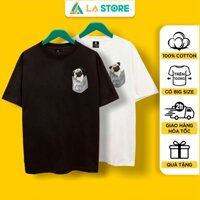 Áo Thun Unisex Cotton Chó Pug Đựng Túi Áo Dễ Thương Form Rộng Tay Lỡ Nam Nữ Có Big Size | LẠ STORE