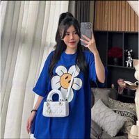 Áo Thun UNISEX From Rộng Cotton Tàu Xanh Coban Hoa Mặt Cười Cotton Khô