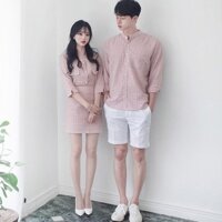 áo thun unisex Set áo váy sơ mi đôi - Đồ đôi set áo chân váy nữ áo sơ mi nam caro thời trang Hàn Quốc AV77 YAME Couple