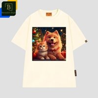 Áo thun unisex tay hình mèo con và chú chó lông vàng mỉm cười nền cây thông Noel quà Giáng Sinh Merry Christmas BS1068
