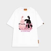 Áo thun unisex tay lỡ in hình 2 con thỏ bông rabbit màu hồng và đen đeo nơ độc đáo cute