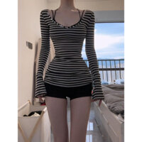 Áo thun vai kẻ sọc cho nữ bộ đôi khí chất mong muốn thuần khiết mùa thu áo dài tay đa năng thon gọn nhỏ gọn cho Nữ