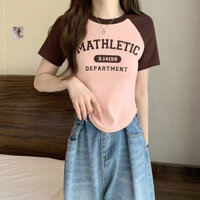 Áo thun vai thường 65/35 cotton cho phụ nữ, tay ngắn, phong cách mới mùa hè, phối màu đa năng, dáng ôm, tay raglan, chiều dài ngắn, dệt kim, My ZKP7
