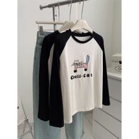 Áo thun xược dài tay nữ phối màu in hình xinh Menina_Studio, áo dài tay nữ form rộng thun xược giấy cá tính