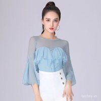 Áo thun yoga một mảnh tay bảy phần tư cho phụ nữ với họa tiết lưới, tay áo nhún nhẹ trong suốt, áo biểu diễn nhảy Latin hiện đại