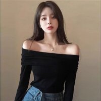 Áo tiểu thư trễ vai LEN GÂN dây rút xẻ tà tôn dáng